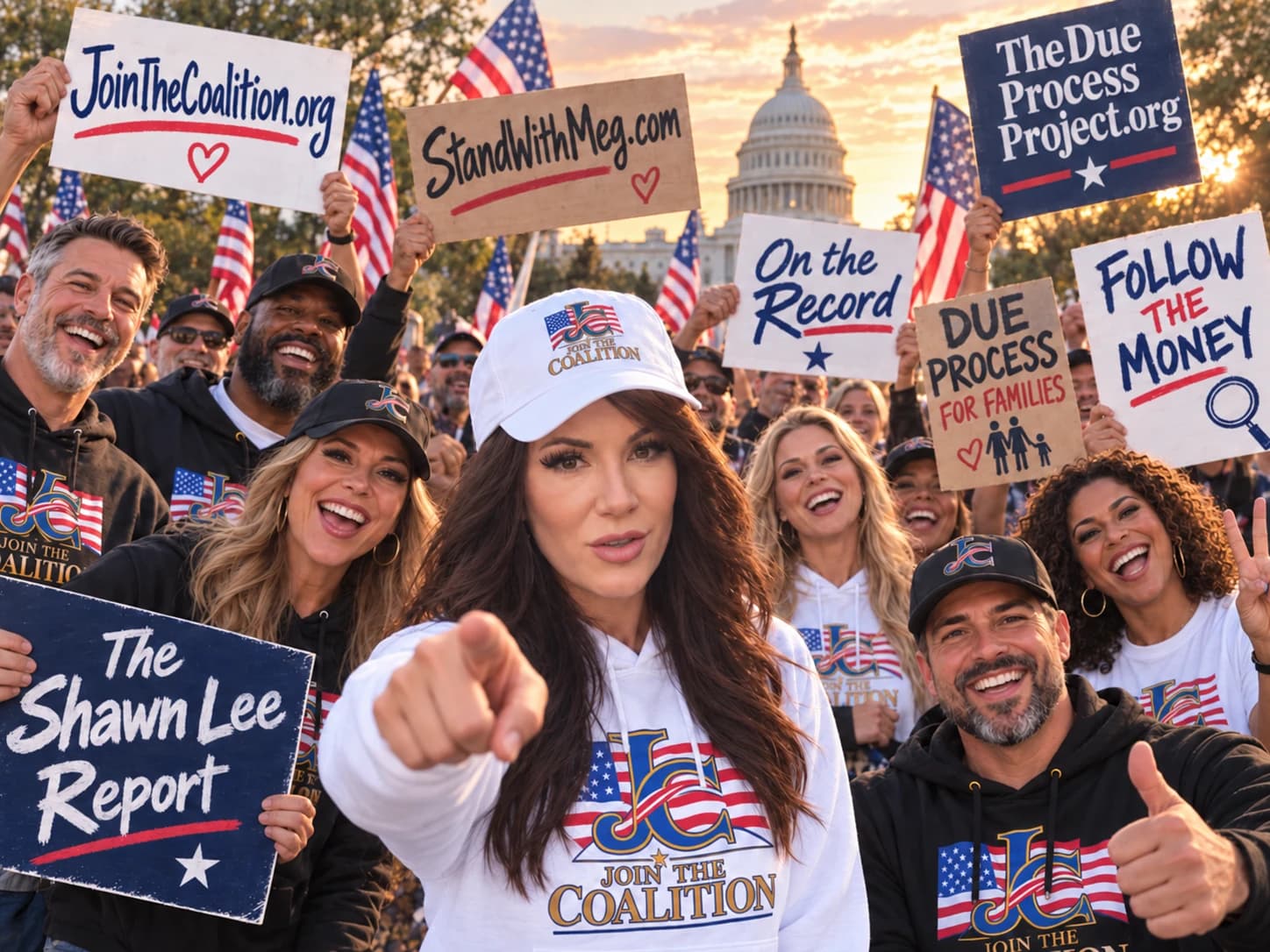Photorealistic coalition campaign artwork featuring Meg and a crowd with different project signs