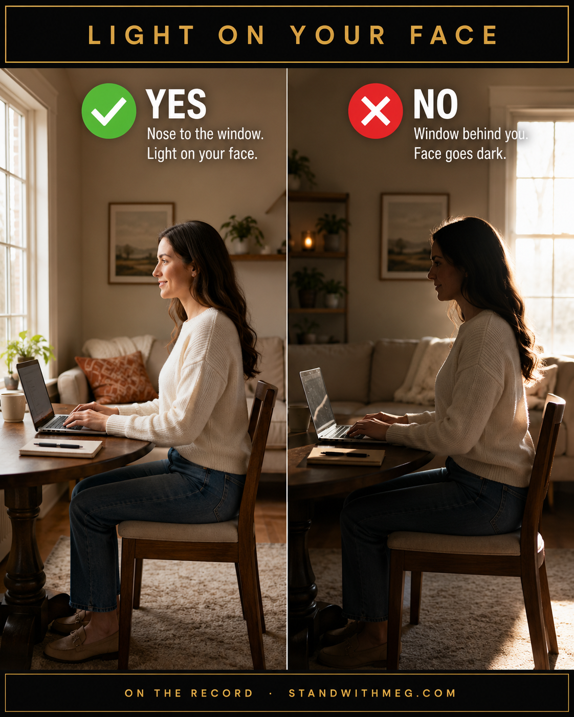 Lighting check. Yes: sit facing a window so light hits your face. No: sit with the window behind you, which makes your face go dark.
