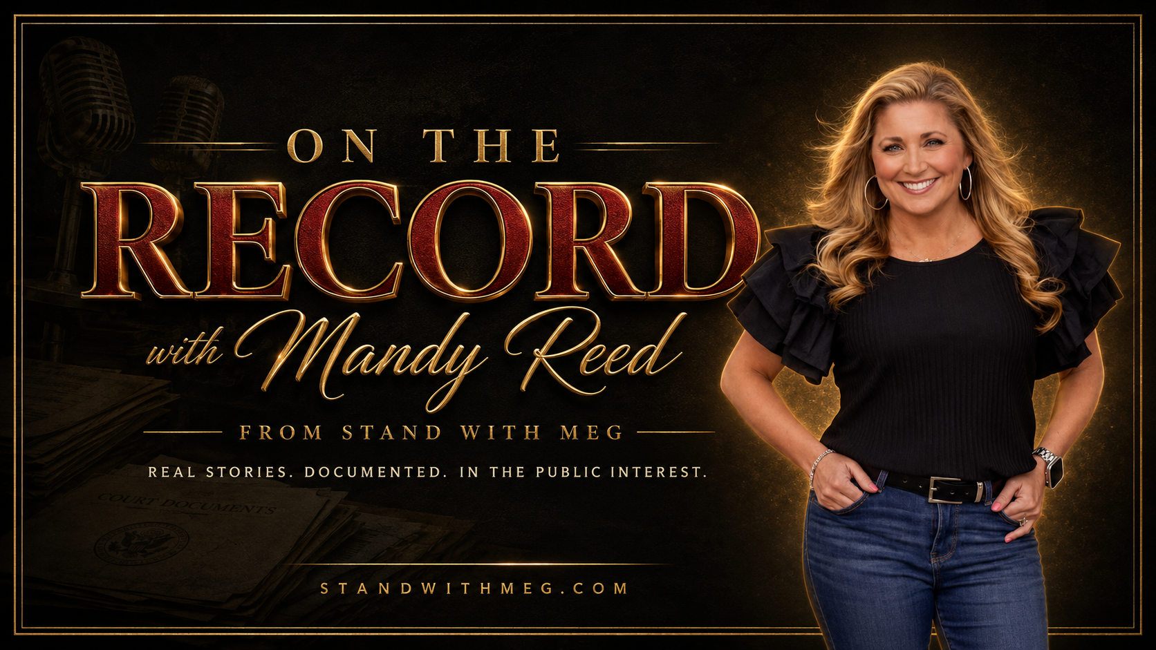 On the Record with Mandy Reed from Stand with Meg. Mandy standing in a black ruffle sleeve top.