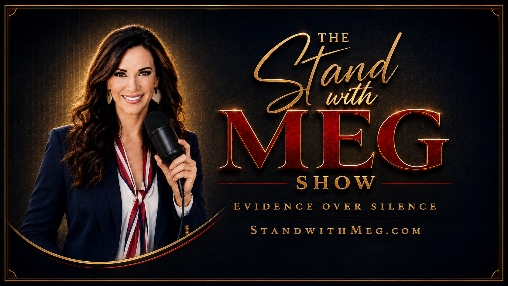 The Stand with Meg Show. Meg in a houndstooth blazer holding a black microphone.